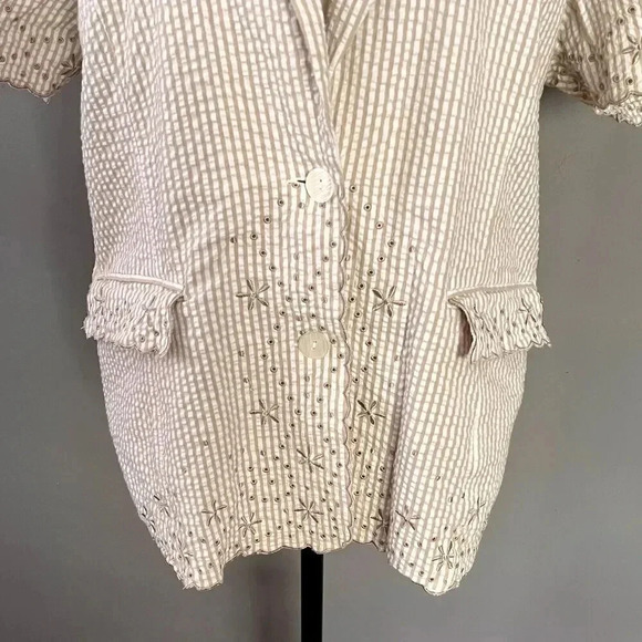 Susan Graver Seersucker Jacket & Shorts Set Womens L Tan Striped Eyelet Retro - Picture 4 of 16